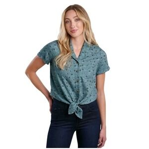 KUHL Elsie Floral Short Sleeve Womens S Button Up Tie Front Blue MSRP $75